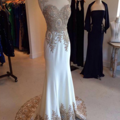 Long White Prom Dress, Charming Applique Prom..