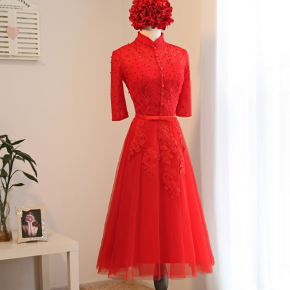 Red Beaded Prom Dress,middle Sleeve Prom..