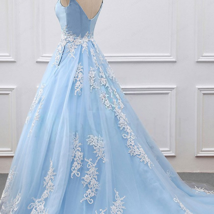 Blue V Neck Lace Tulle Long Prom Dress, Blue..
