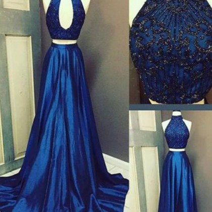Navy Blue High Neck Long Prom Dress, Two Pieces..