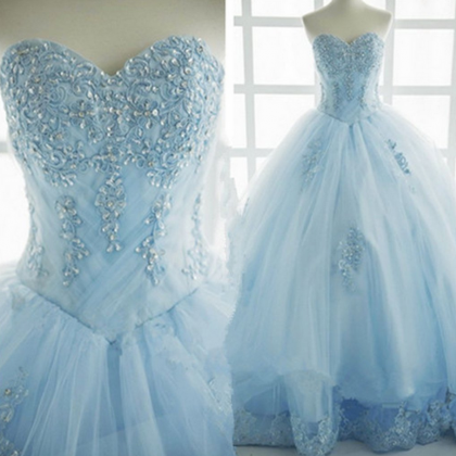 Princess Ice Blue Tulle High Waist Long Sweet Prom..