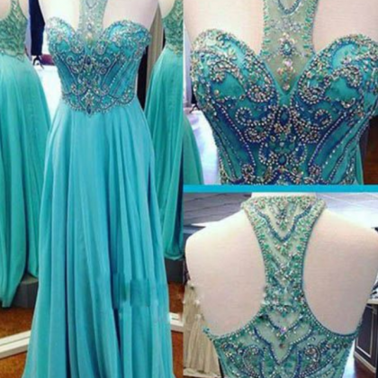 Blue Chiffon Prom Dresses,beaded Prom..