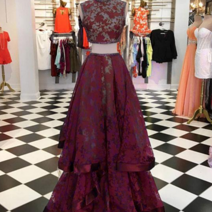 Burgundy Lace Two Pieces Long Prom Dress, Burgundy..