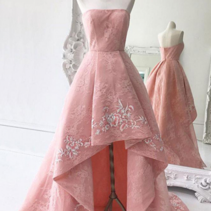 Pink Lace High Low Homecoming Dress, Design Long..