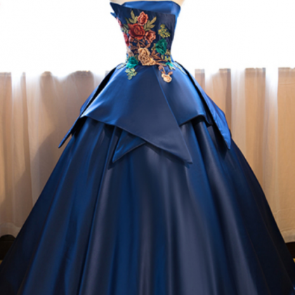 Navy Blue Strapless Long Vintage Prom Dress, Long..