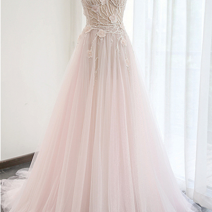Princess Pink Lace Appliques Long A-line Bridal..
