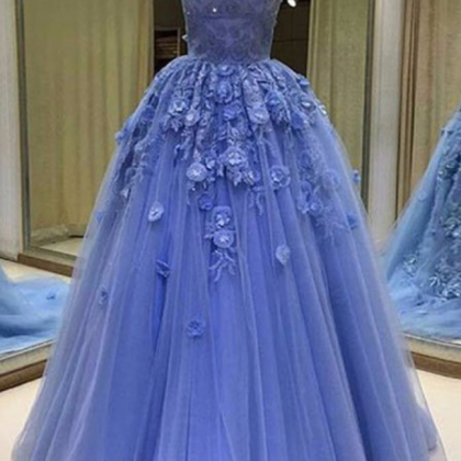Blue Tulle Sweetheart Prom Dress, 3d Lace..