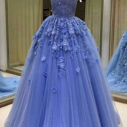 Blue Tulle Sweetheart Prom Dress, 3d Lace..