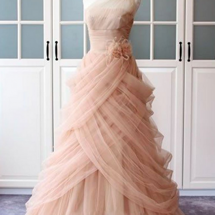 Unique Pink Tulle Long Prom Dress, Pink Evening..