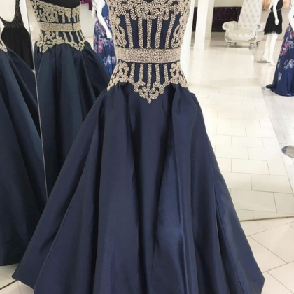 Dark Blue Sweetheart Neck Beads Long Prom Dress,..