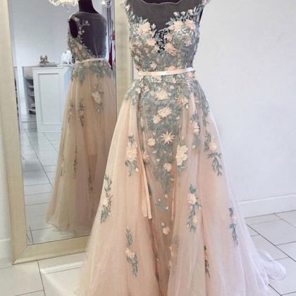 Champagne Round Neck Tulle Lace Long Prom Dress,..