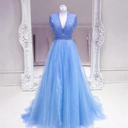Cap Sleeves V Neck Long Organza Blue Crystal Prom..