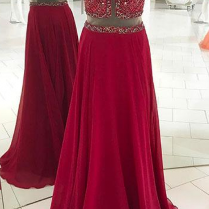Burgundy Red Backless Beads Long Prom Dress, Red..