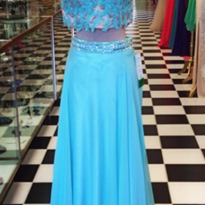 A Line Turquoise Prom Dresses Two Pieces Lace..