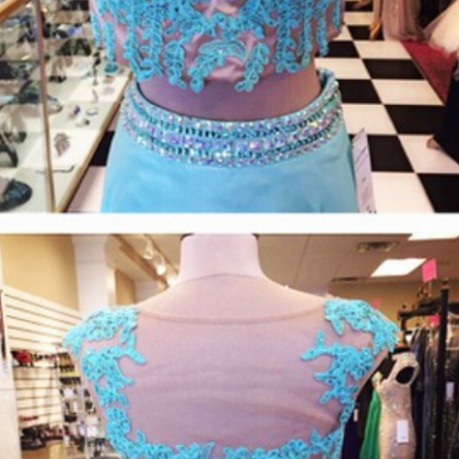 A Line Turquoise Prom Dresses Two Pieces Lace..