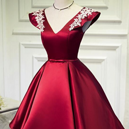 Wine Red Cap Sleeves Short Party Dresses, Satin..