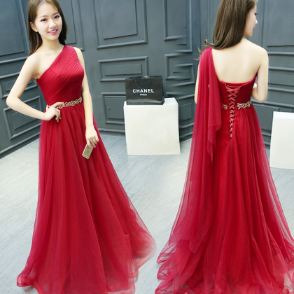 One Shoulder Red Prom Dress,a Line Tulle Evening..