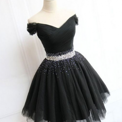 Black Tulle Off Shoulder Short Prom Dress, Black..