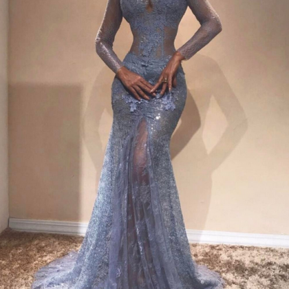 Sexy Sheer Lace Prom Dresses, High Neck Long..