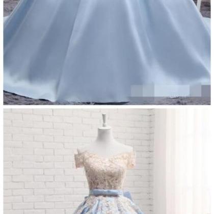 Baby Blue Off The Shoulder Sleeves Prom Dresses,..