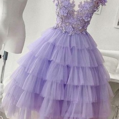 Lilac Tulle Layered Cap Sleeve Short Prom Dress,..