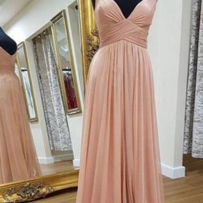 Spring Pink Chiffon V Neck Simple Long Prom Dress,..