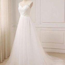 Simple White Tulle Lace Long Pageant Prom Dress,..