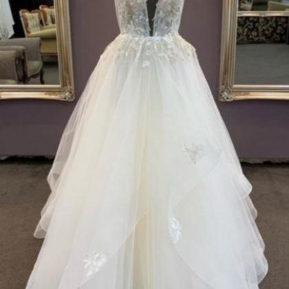 White Tulle V Neck Long Lace Formal Prom Dress,..