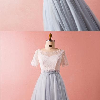 White Lace Short Sleeve Long Gray Tulle Evening..