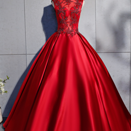 Red Satin High Neck Beaded Formal Prom Dress,..