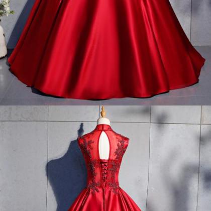 Red Satin High Neck Beaded Formal Prom Dress,..