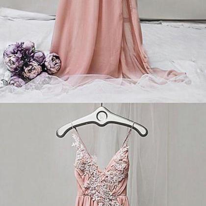 Dramatic V-neck Pleated Long Gown with Slit Candy Pink main image 1