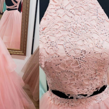 Pink Tulle Two Piece Cross Back Long Two Piece..