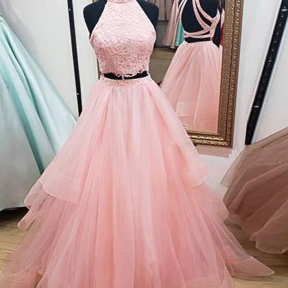 Pink Tulle Two Piece Cross Back Long Two Piece..