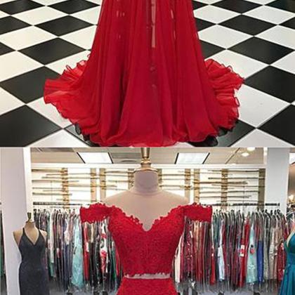 Red Lace Off Shoulder Two Piece Long Prom Dress,..