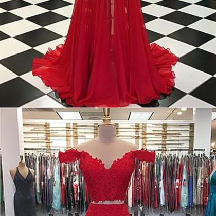Deep red two pieces round neckline long prom dress, long lace customize evening dress  cg8858 main image 0