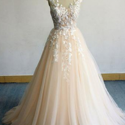 Champagne Tulle Cap Sleeve Long Lace Prom Dress,..