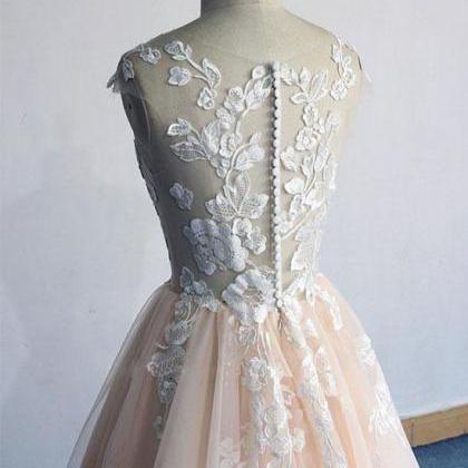 Champagne Tulle Cap Sleeve Long Lace Prom Dress,..