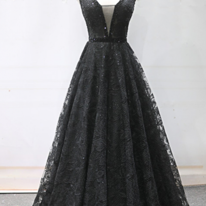 Black Lace V Neck Beaded Long Formal Prom Dress,..