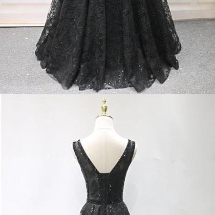 Black Lace V Neck Beaded Long Formal Prom Dress,..