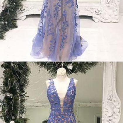 Blue Lace V Neck Long Halter Prom Dress, Long..