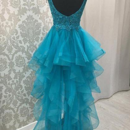 Blue Tulle V Neck High Low Beaded Lace Prom Dress,..