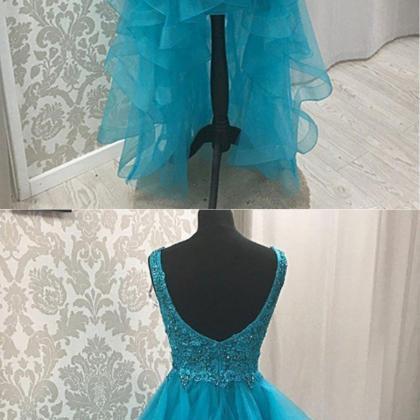 Blue Tulle V Neck High Low Beaded Lace Prom Dress,..