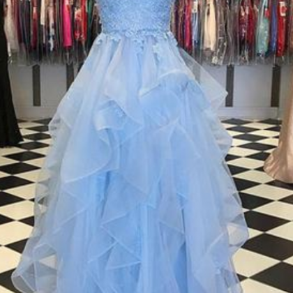 Baby Blue Tulle Spaghetti Straps Long Ruffles Lace..