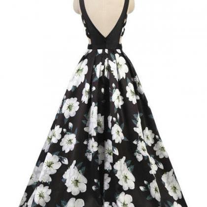 Black And White 3d Floral Print Long Prom Dress,..