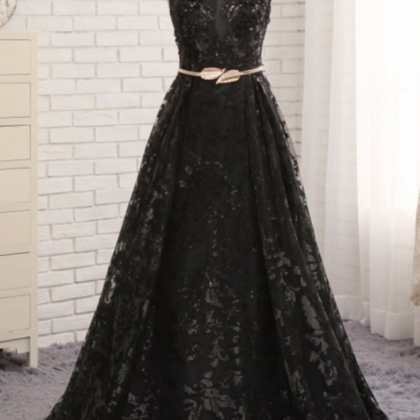 Black Lace Cap Sleeve Long Senior Prom Dress,..