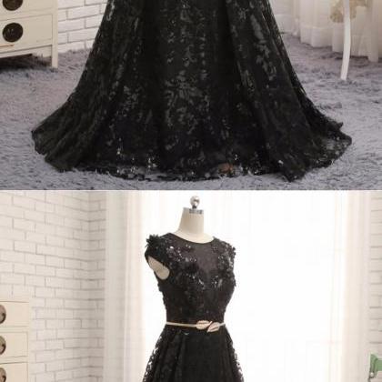 Black Lace Cap Sleeve Long Senior Prom Dress,..