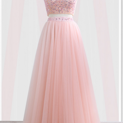 Pink Tulle Two Pieces Long Beaded Hight Neck..