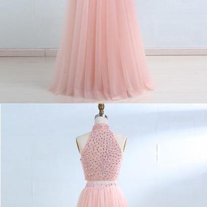 Pink Tulle Two Pieces Long Beaded Hight Neck..