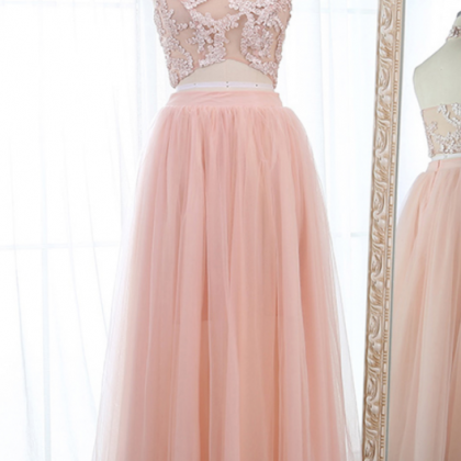 Pink Tulle Two Pieces Long Lace Prom Dress, Party..